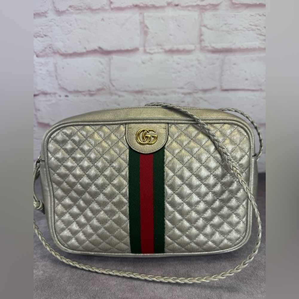 Gucci Silver Crossbody Bag with Red and Green Stripe